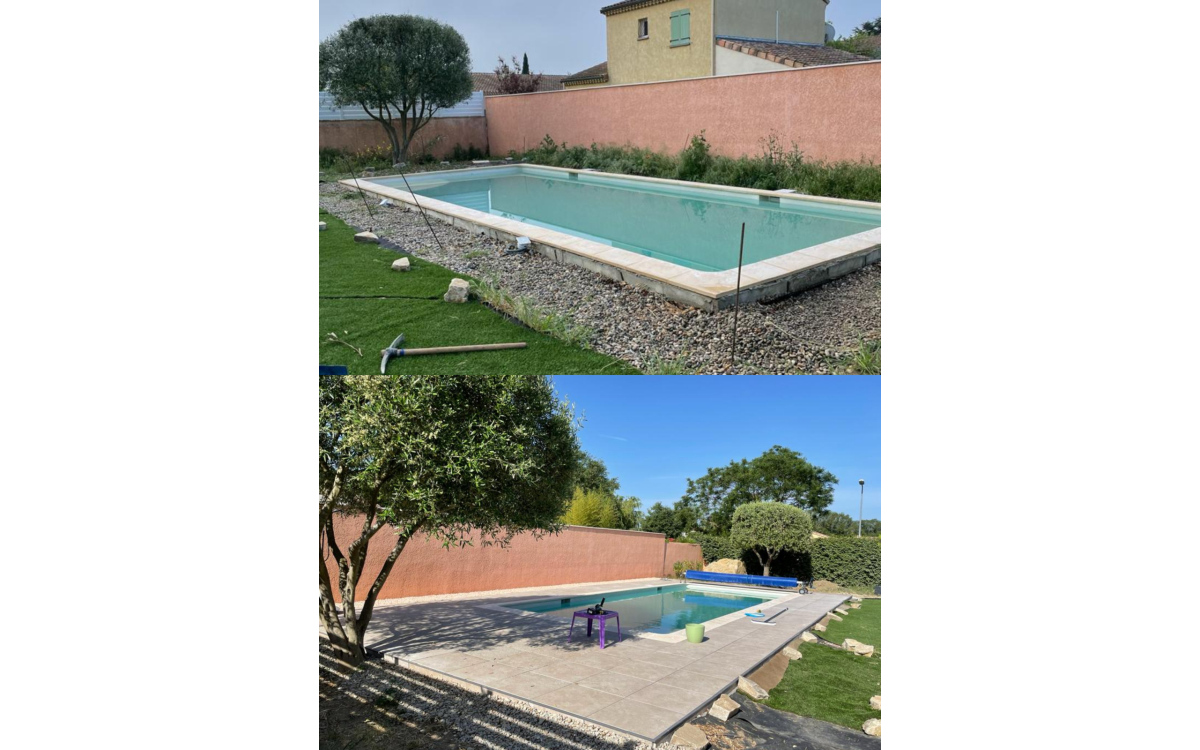 Ralisation Plage de piscine en grs crame et terrasse sur plots - Drme cre le 21/06/2022