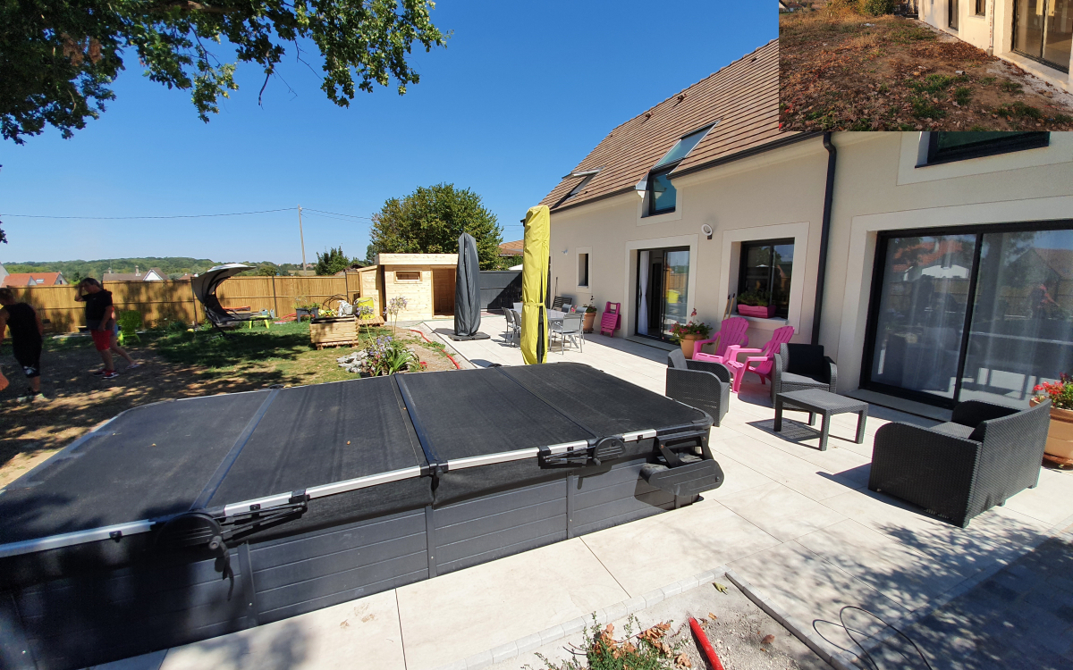 Ralisation Terrasse en dallage grs crame, et Pav la couture  mennecy cre le 18/02/2021
