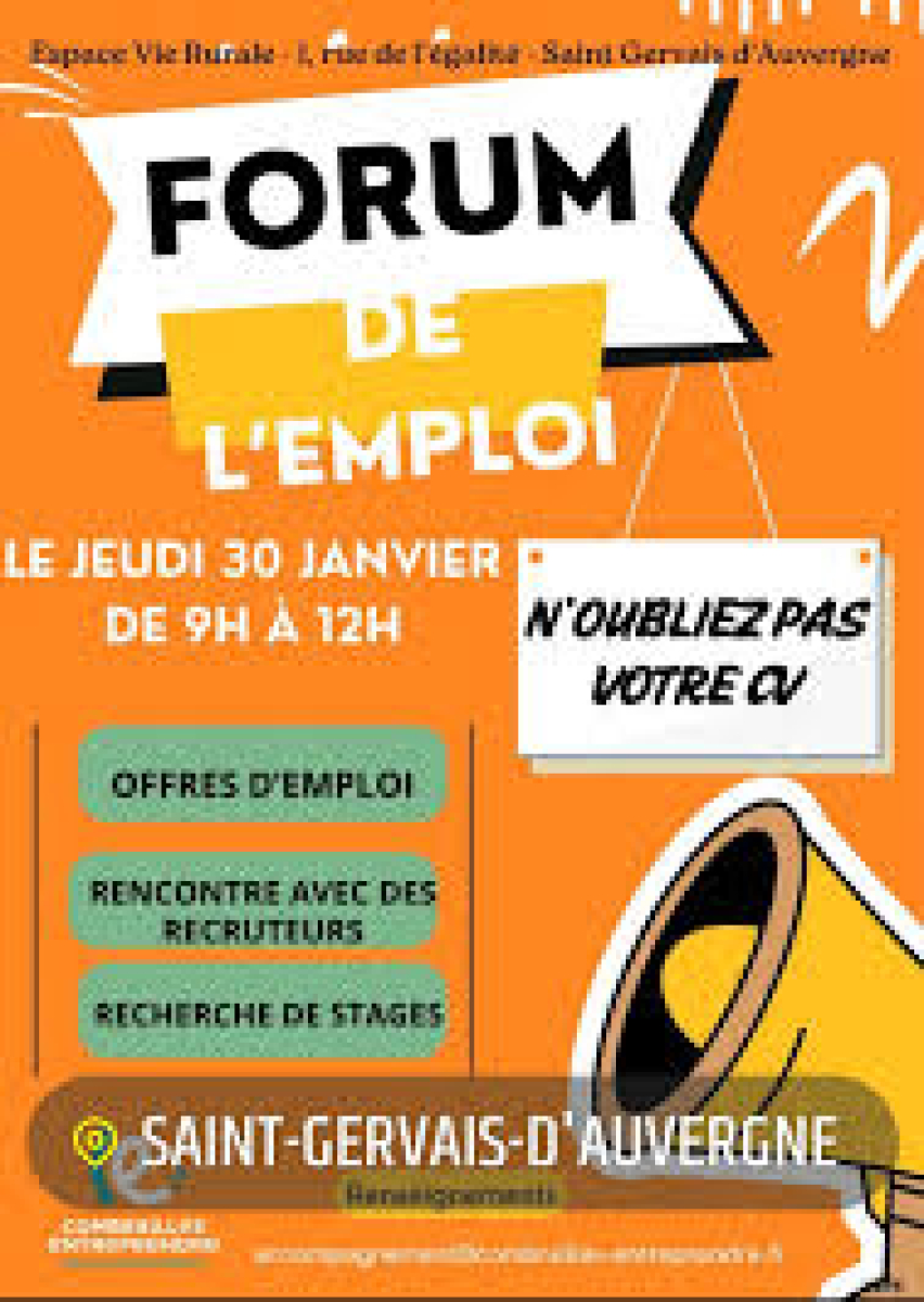 On vous donne rendez-vous au Forum de l'Emploi à Saint-Gervais d'Auvergne !