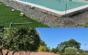 Plage de piscine en grs crame et terrasse sur plots12751